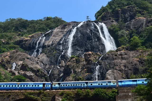 Konkan Railways running across Dudhsagar Waterfall